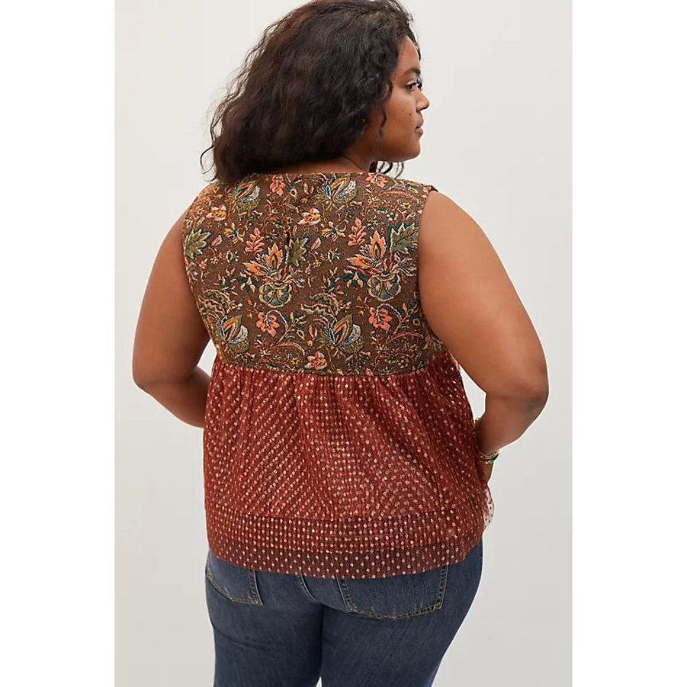 Anthropologie Eva Franco Jacquard Sleeveless Brown Floral Top Plus Sizes - Picture 7 of 8